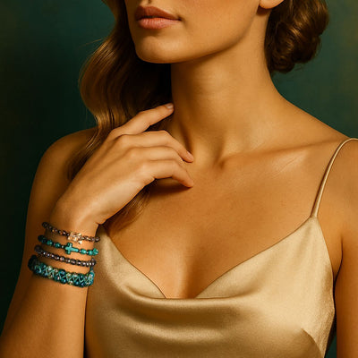 NOGU September’s Color Palette stack of turquoise, teal and smoky gray beaded bracelets with a cross charm.