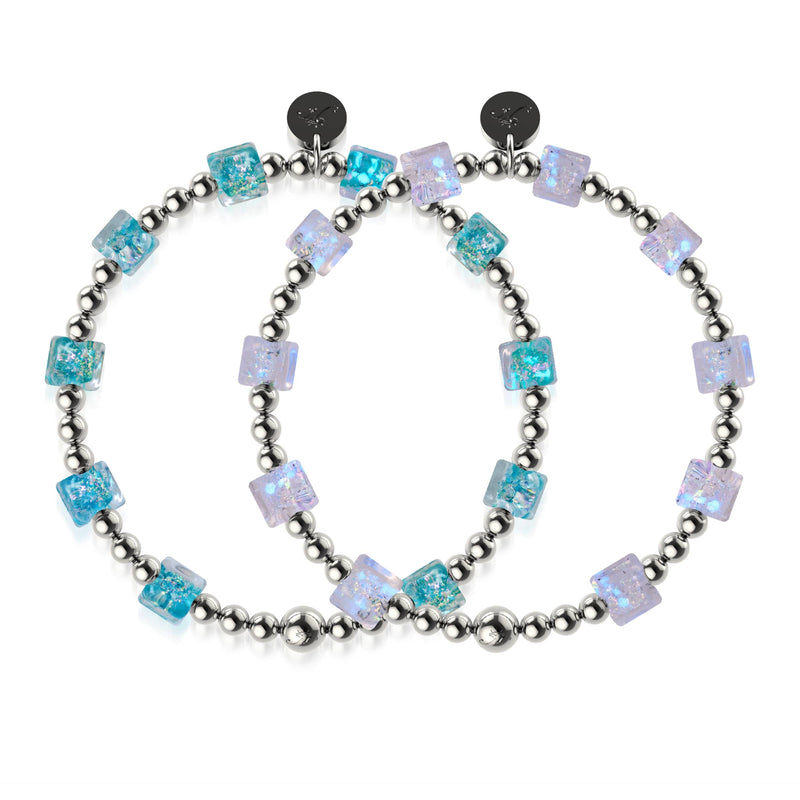 Teal Sorbet Firework Glass Cube Bracelet 2-Set