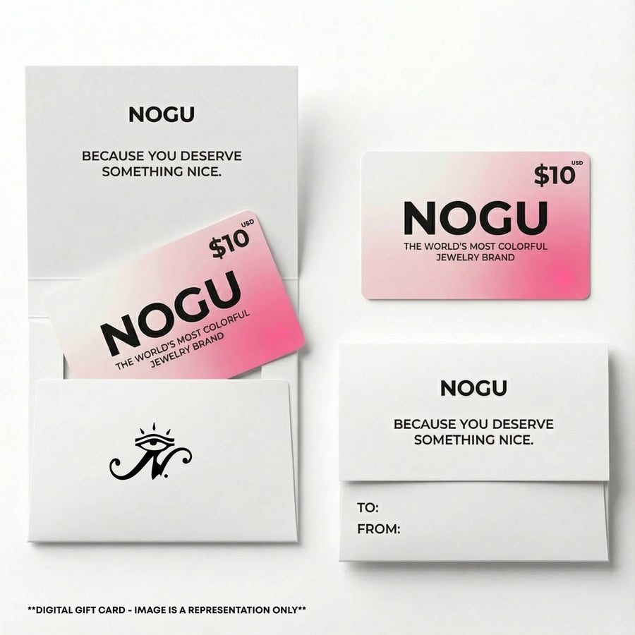 NOGU digital gift card shown in a pink gradient design with white branded gift envelopes and packaging.