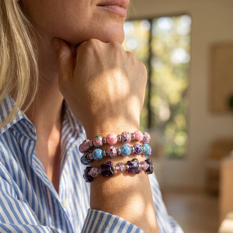 Veloura | Firefly Glass Butterfly Bracelet & Hammered Silver Bracelet