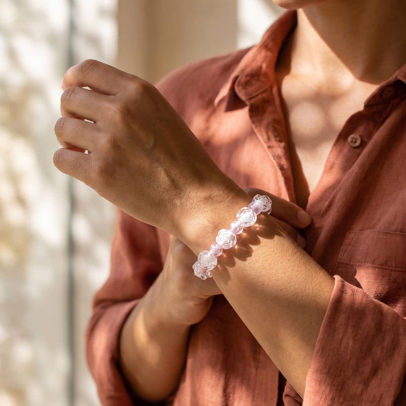 Pink Peony Firefly Glass Bloom & Silver Foil Bracelet