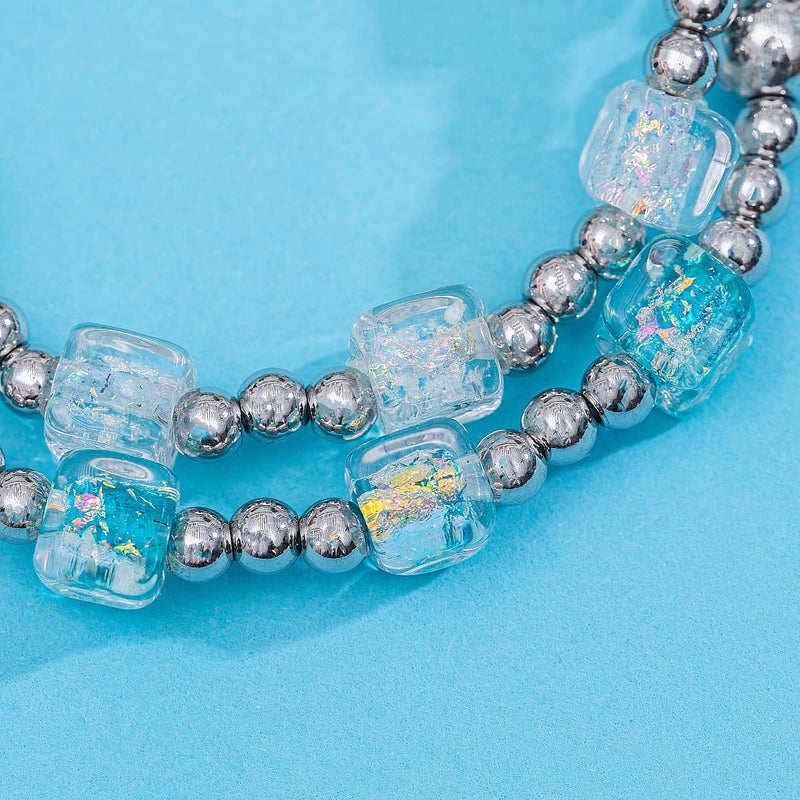 Teal Sorbet Firework Glass Cube Bracelet 2-Set
