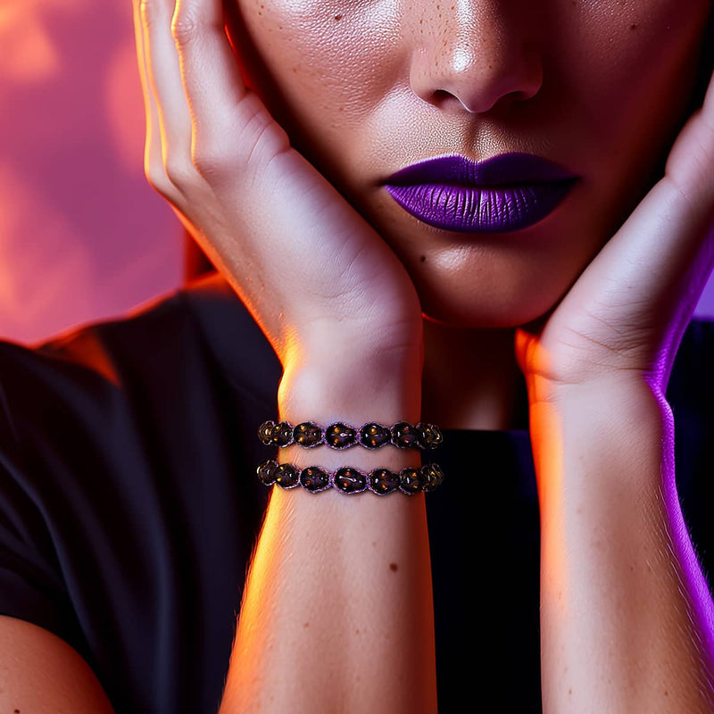 Nyx | Purple Hematite Skulls x Violet GloWeave | Macrame Bracelet