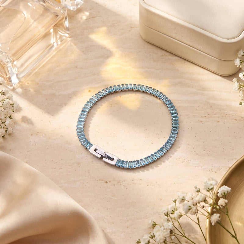 Baguette Aigue-marine Cristal coupé x Rhodium | Bracelet de tennis