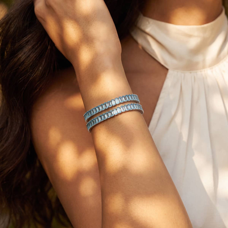 Baguette Aigue-marine Cristal coupé x Rhodium | Bracelet de tennis
