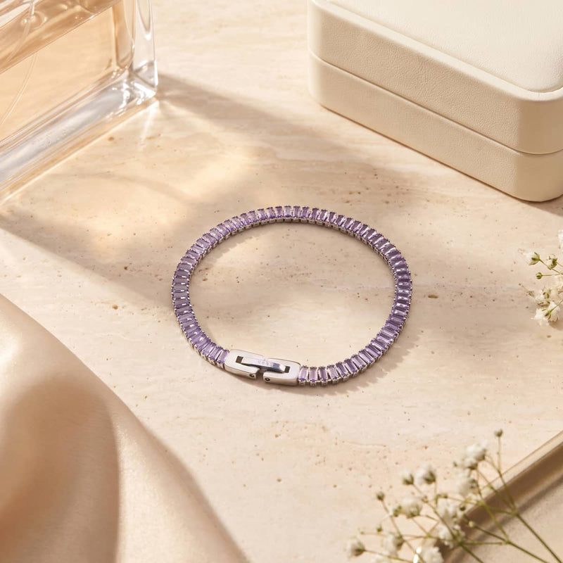 Cristal taillé Baguette Améthyste x Rhodium | Bracelet de tennis