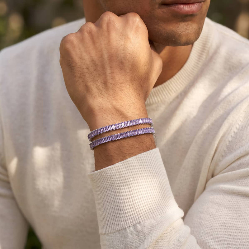 Cristal taillé Baguette Améthyste x Rhodium | Bracelet de tennis