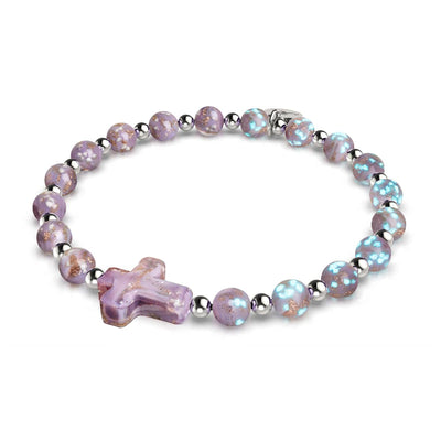 Periwinkle Firefly Glass Cross Bracelet with glowing periwinkle beads and stainless steel accents by NOGU