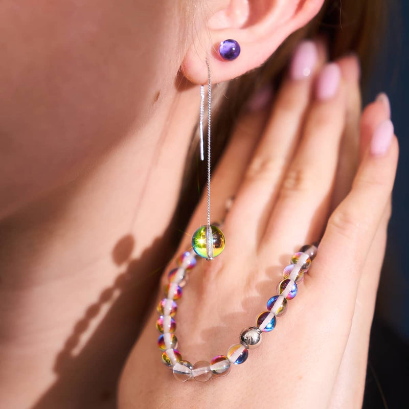 Rainbow Sky | .925 Sterling Silver | Galaxy Glass Chain Drop Threader Earrings