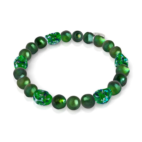 Couronne d'émeraude | Argent sterling 925 | Bracelet tête de mort en verre avec perles d'eau douce vertes et lucioles