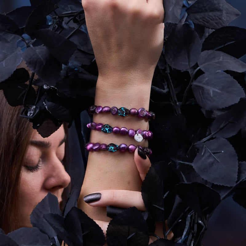Violet Shadows | .925 Sterling Silver | Purple Freshwater Pearl x Firefly Glass Skull Bracelet