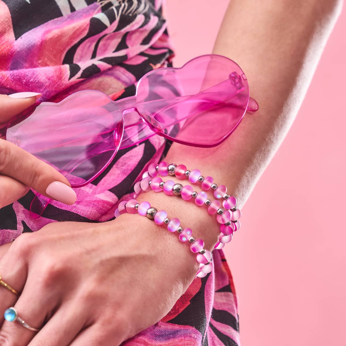 Bracelet Macaron en Verre Sirène Magenta | Argent