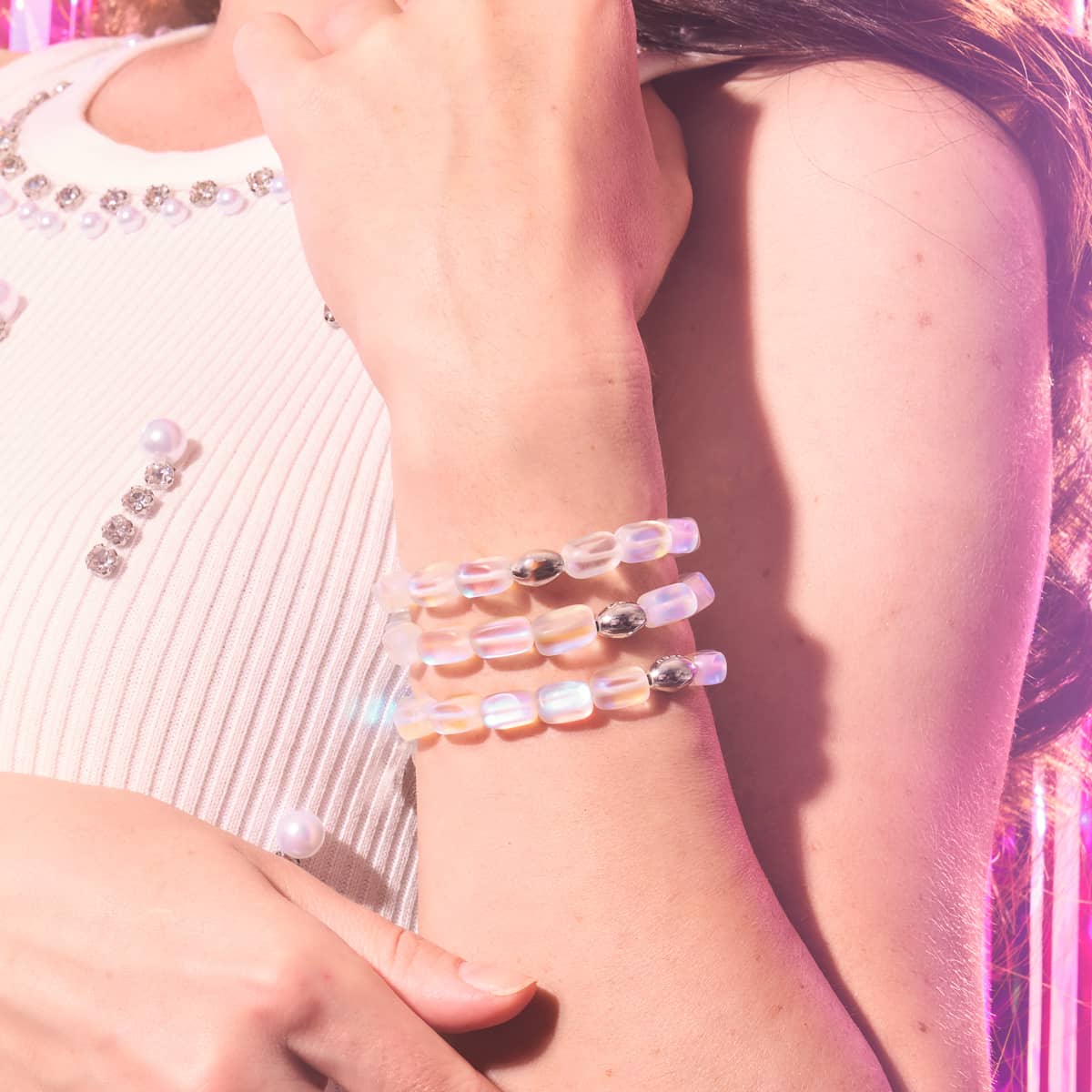 Arc-en-ciel blanc | Argent sterling .925 | Bracelet Galet de Verre Sirène