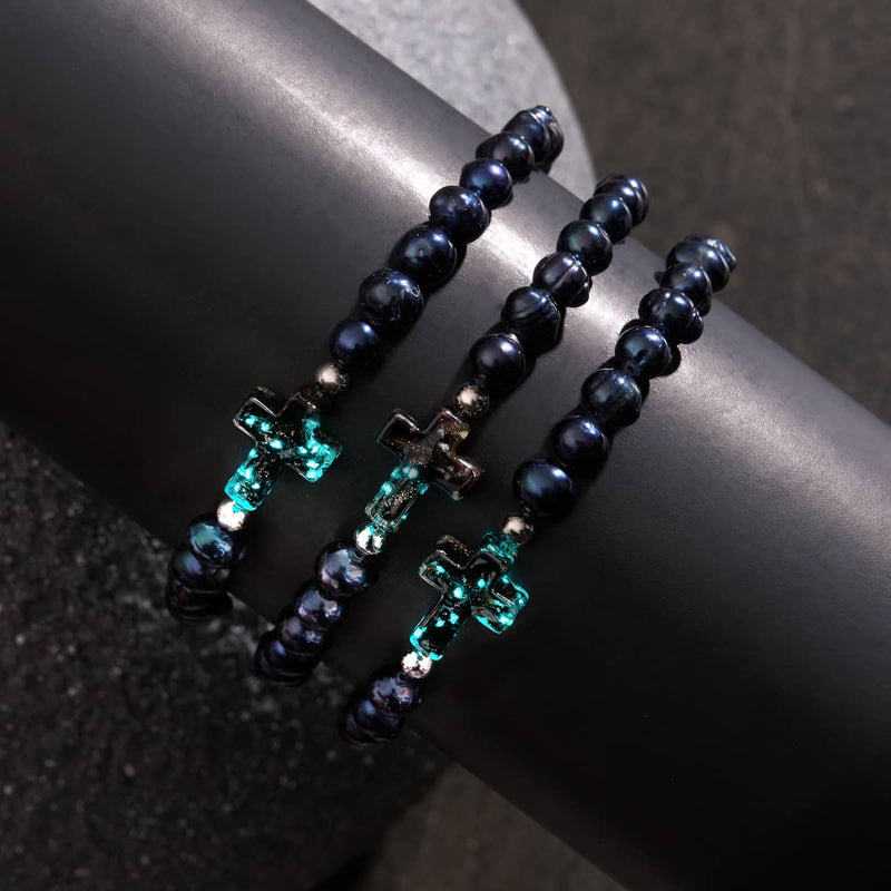 Joan of Arc | .925 Sterling Silver | Obsidian Firefly Glass x Black Freshwater Pearl Cross Bracelet