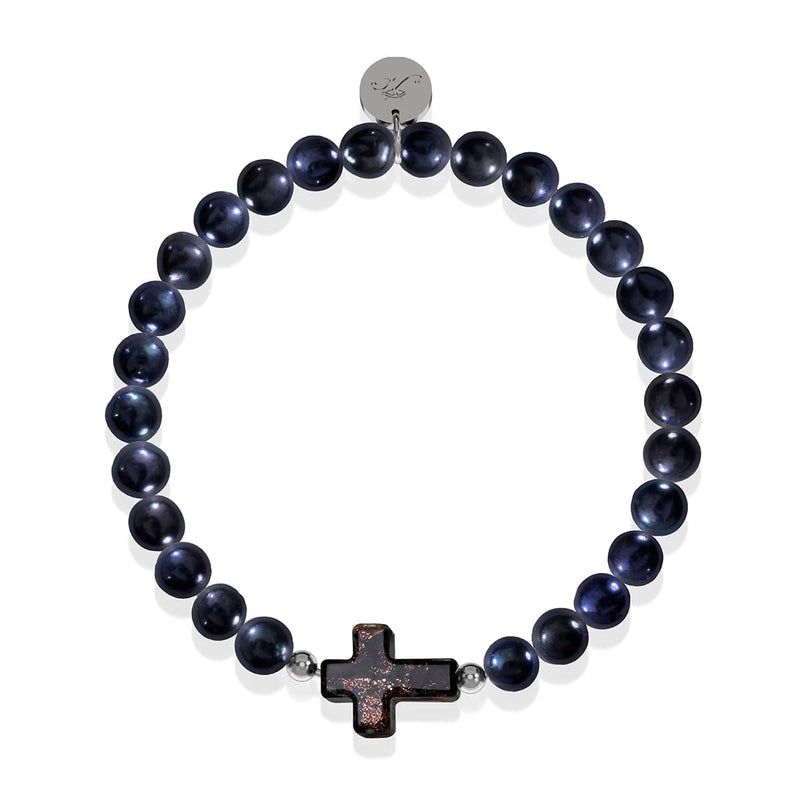 Joan of Arc | .925 Sterling Silver | Obsidian Firefly Glass x Black Freshwater Pearl Cross Bracelet
