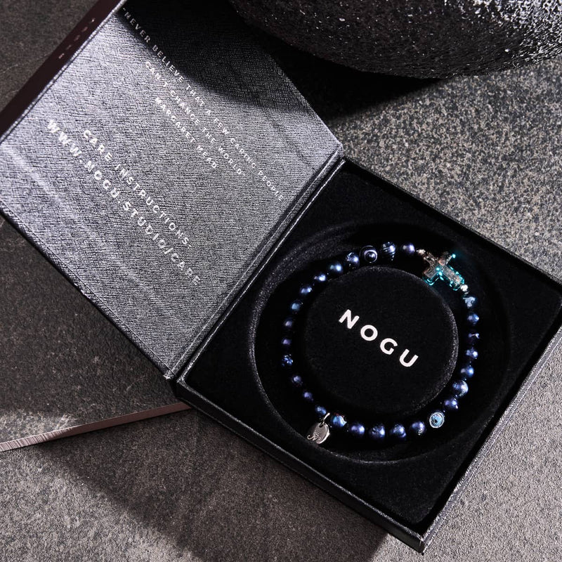 Joan of Arc | .925 Sterling Silver | Obsidian Firefly Glass x Black Freshwater Pearl Cross Bracelet