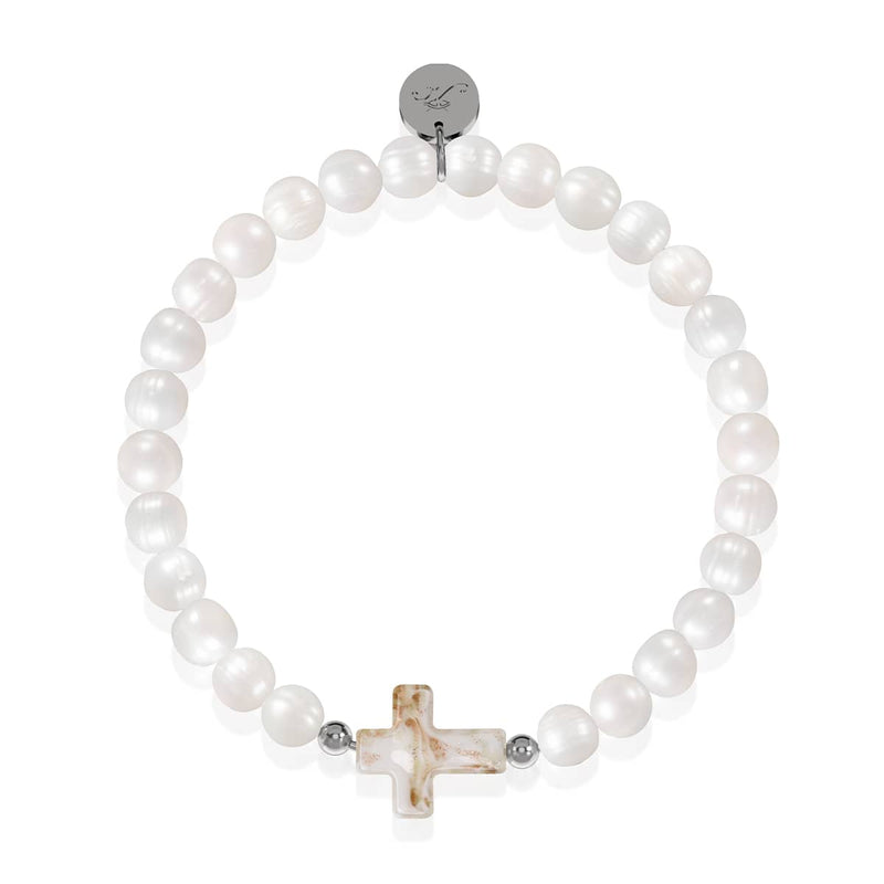 St. Amanda | Bracelet croix en argent sterling 925 avec perles d'eau douce en verre albâtre et ivoire