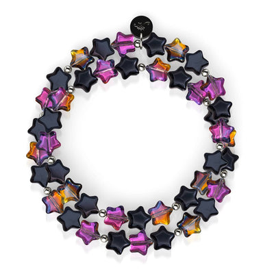 Midnight Borealis star wrap with colorful star beads on clear stretch cord and .925 sterling silver accents by NOGU