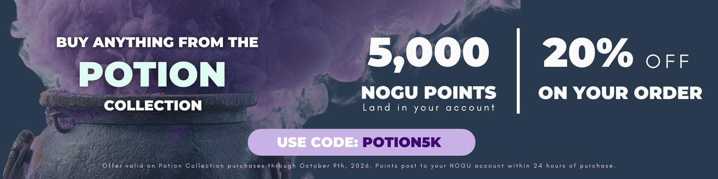 NOGU Potion Collection promotion featuring a purple cauldron, 5,000 NOGU Points, and 20% off with code POTIONSK.