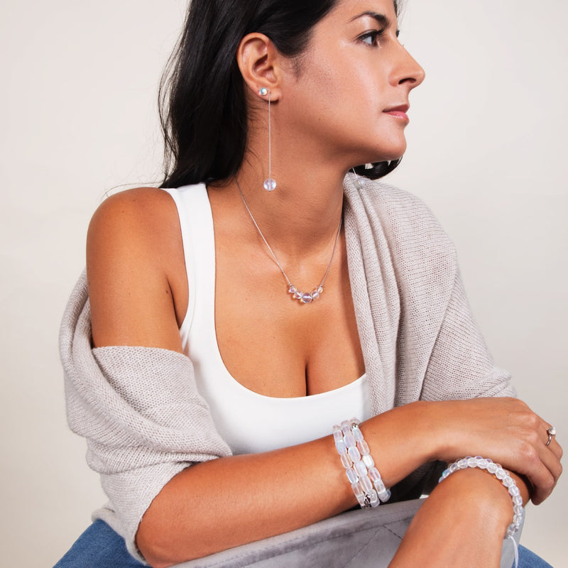 Rainbow White | .925 Sterling Silver | Mermaid Glass Chain Drop Threader Earrings