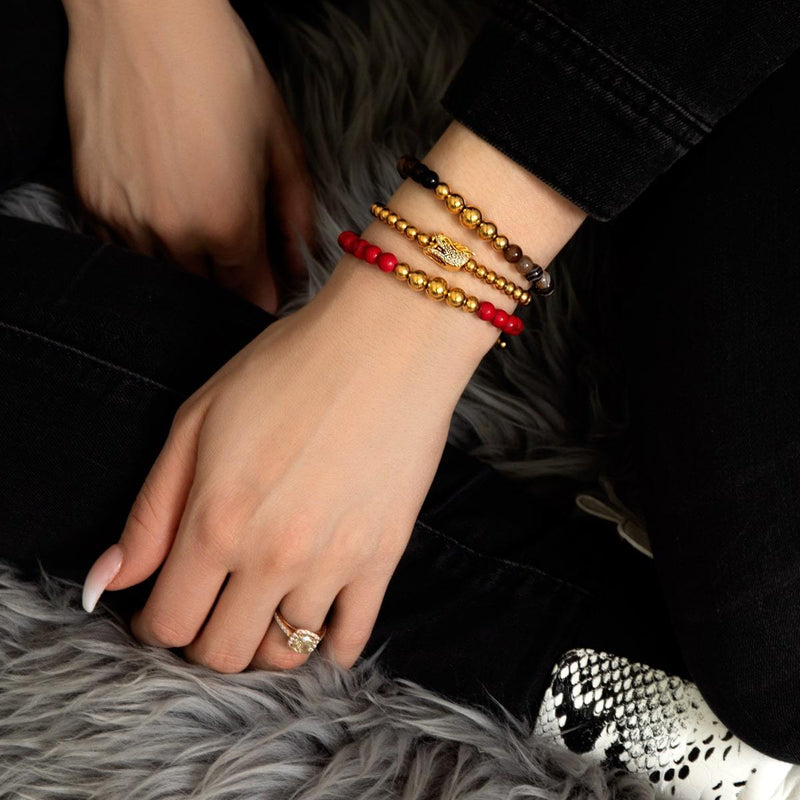 Rouge Turquoise | Or | Bracelet en macramé de pierres précieuses d'équilibre