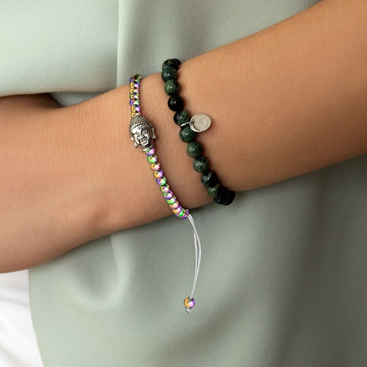 Bouddha doré | Licorne Argent x Blanc | Bracelet Charmballa