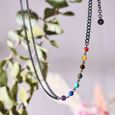 Rainbow Chakra | 7 Gemstone Chain Necklace | Gunmetal