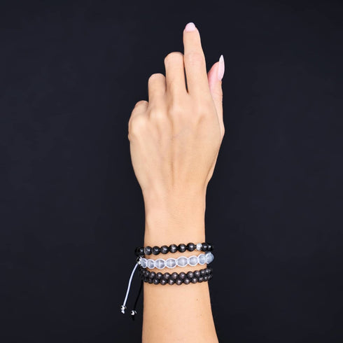 Charbon | Argent | Bracelet double macramé en verre Cheshire