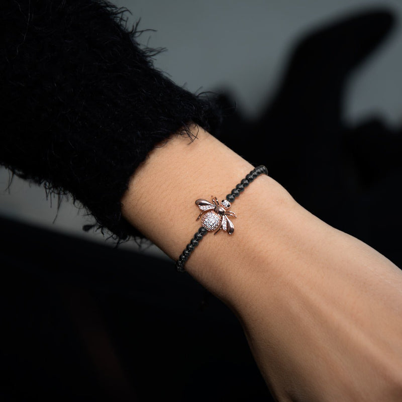 Queen | Gunmetal & 18k Rose Gold | Crystal Honeybee Macrame Charmballa Bracelet