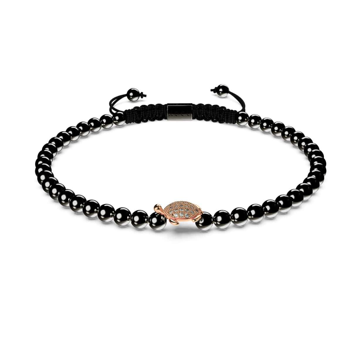 Tortue | Or rose 18 carats et bronze à canon | Noir | Tortue de mer de cristal | Bracelet Charmballa en macramé