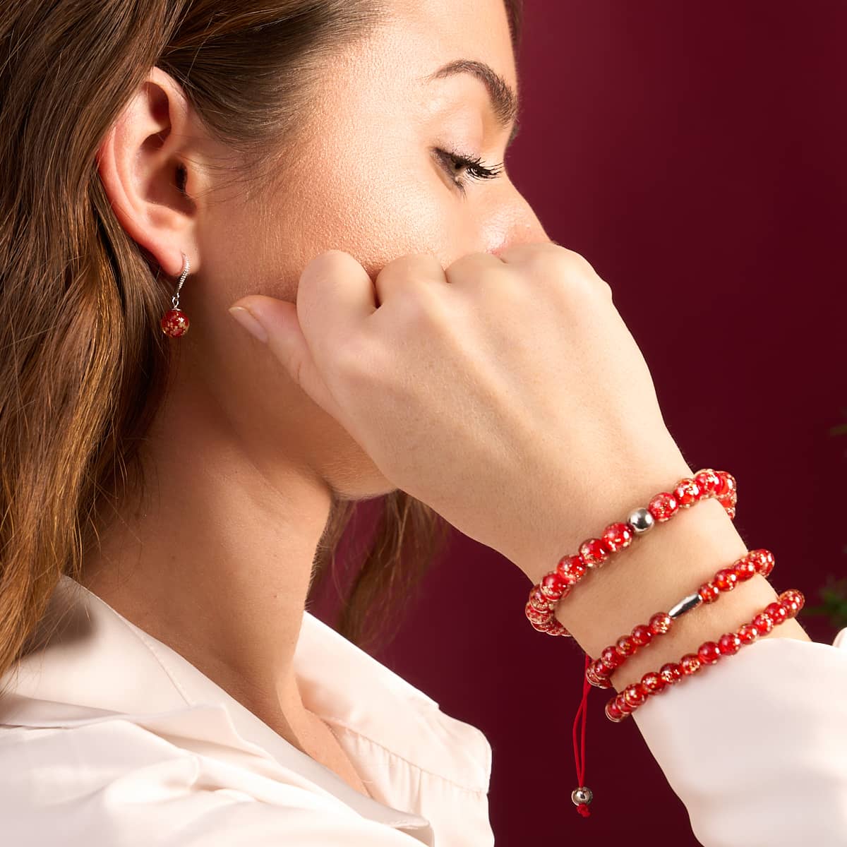 Pourpre | Argent | Bracelet macramé verre luciole
