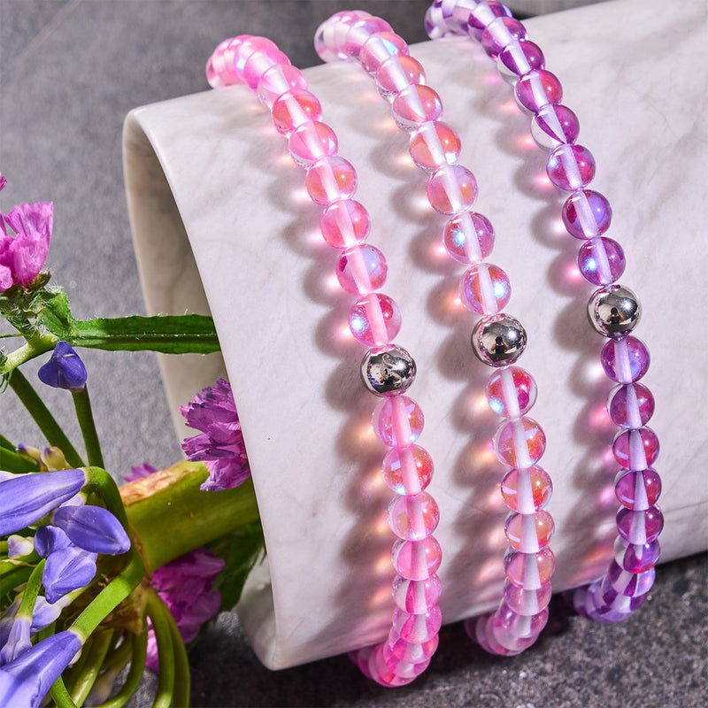 Nébuleuse rose | Argent | Bracelet de perles en macramé de verre Galaxy