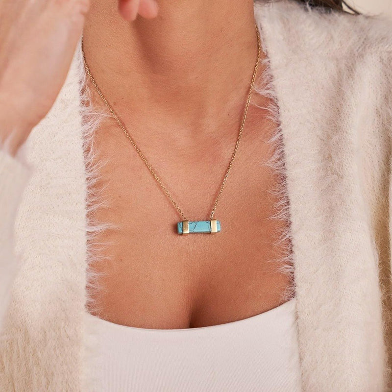 turquoise | Or | Collier barre de pierres précieuses