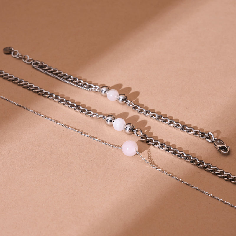 Quartz Rose x Argent | Bracelet chaîne de pierres précieuses