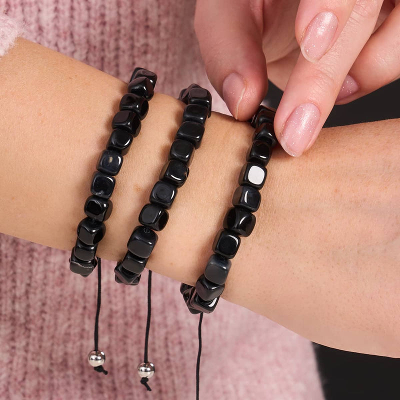 Agate noire | Argent | Bracelet macramé caillou pierre gemme
