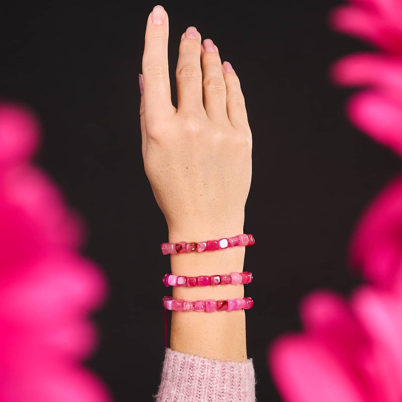 Fuchsia Agate | Silver | Gemstone Pebble Macrame Bracelet