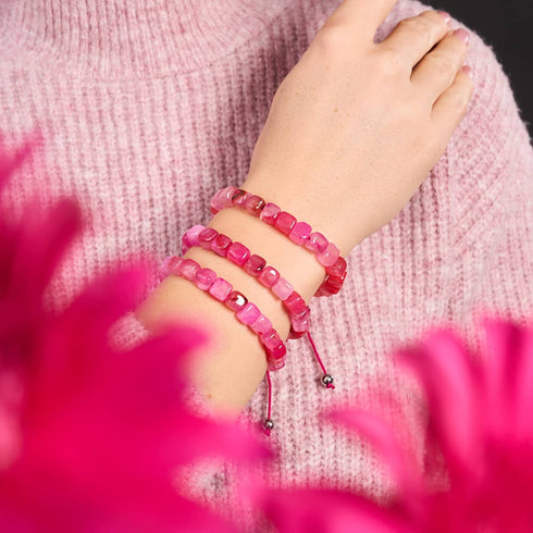 Fuchsia Agate | Silver | Gemstone Pebble Macrame Bracelet