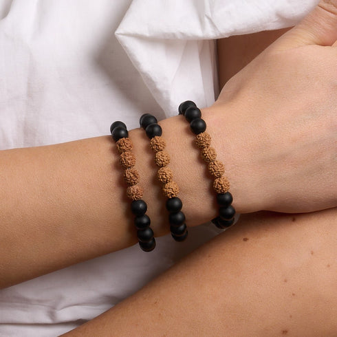 Gourou | Agate noire mate x Rudraksha | Bracelet Mala