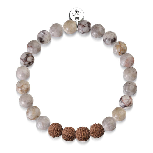 Soi supérieur | Agate brune ligne blanche x Rudraksha | Bracelet Mala