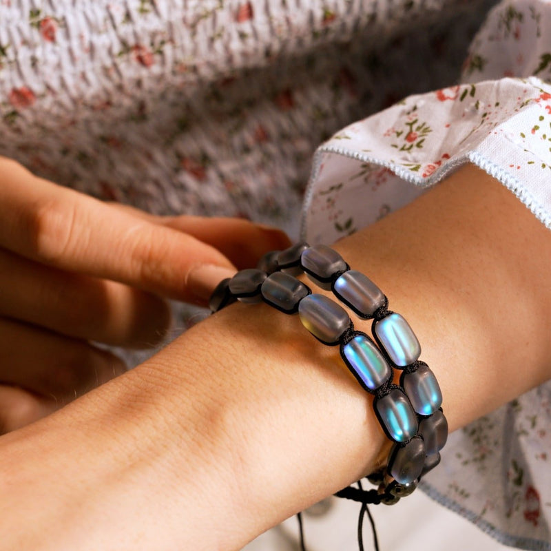 Gris | Argent | Bracelet macramé galets de verre sirène