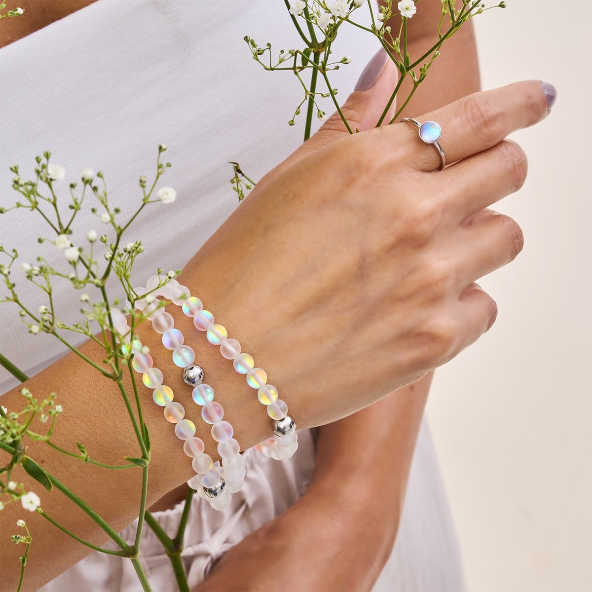 Arc-en-ciel Blanc | Argent | Bracelet de perles de verre sirène