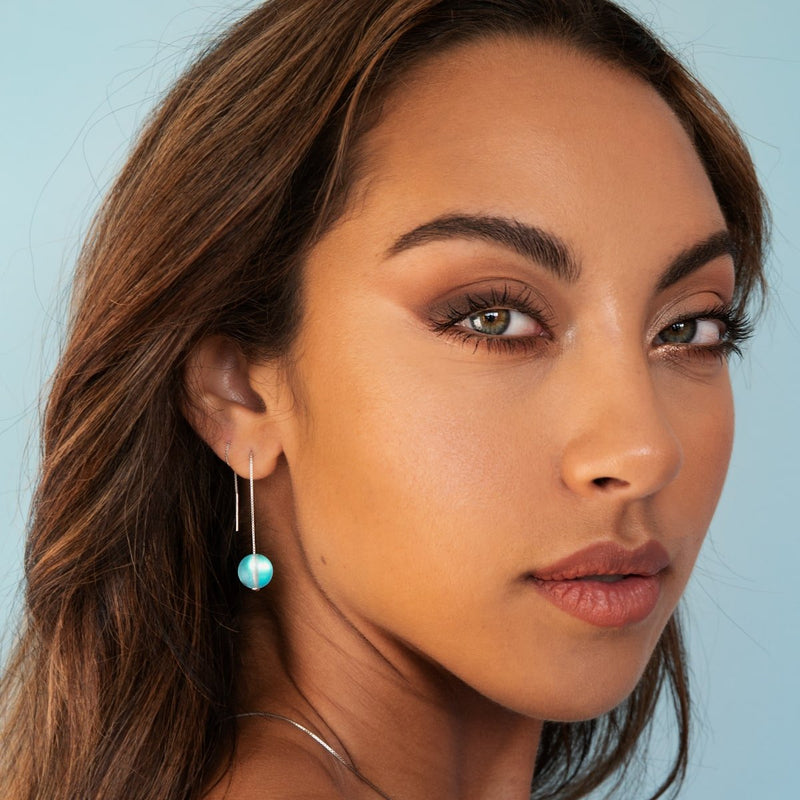 Aigue-marine | Argent sterling .925 | Boucles d'oreilles pendantes en forme de goutte de chaîne de verre de sirène