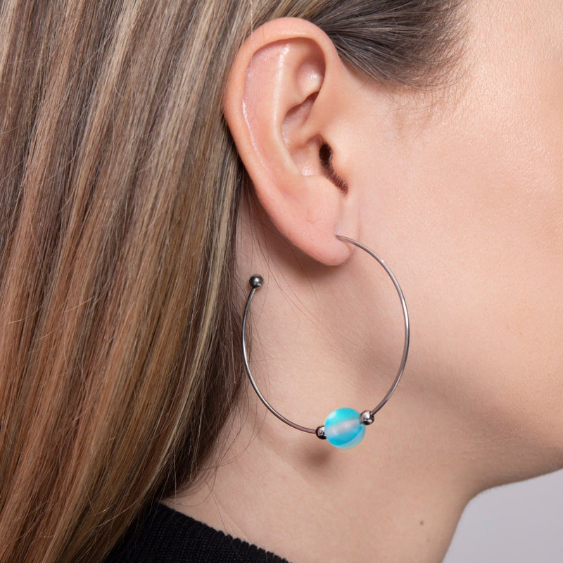 Aigue-marine | Argent | Boucles d'oreilles créoles en verre sirène