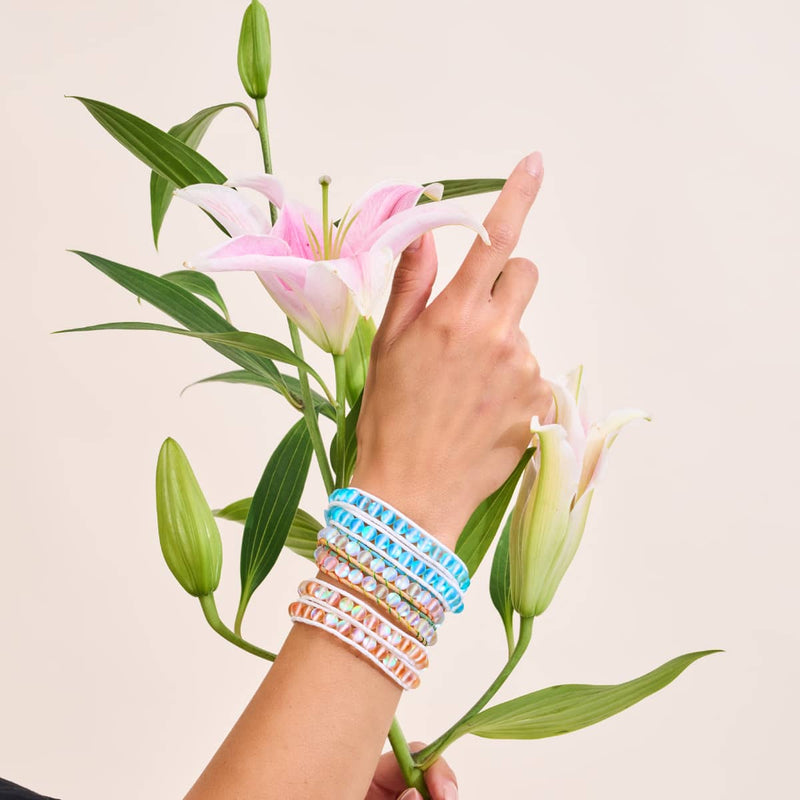 Aigue-marine | Verre Sirène | Bracelet Wrap Lin Blanc