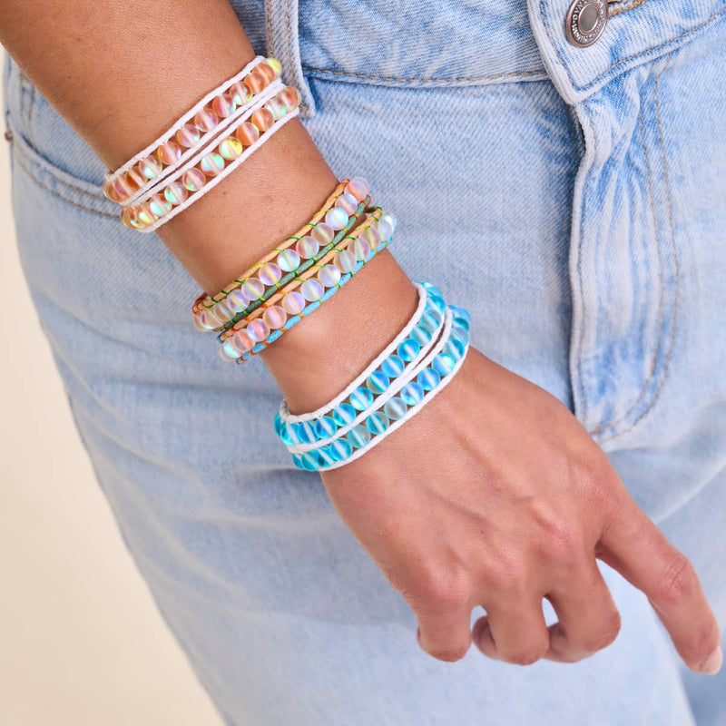 Aigue-marine | Verre Sirène | Bracelet Wrap Lin Blanc