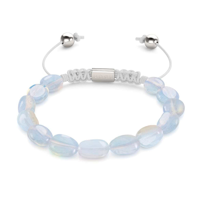 Argent x Blanc | Bracelet Macramé Galet Pierre de Lune Opale