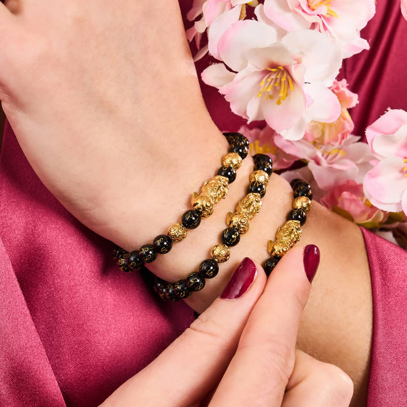 Bracelet Mini Pixiu Feng Shui | Élément CARBONE | Agate noire x or 18 carats