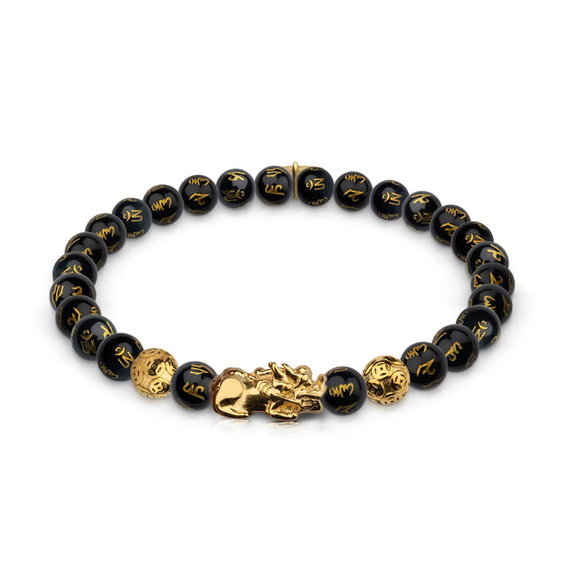 Bracelet Mini Pixiu Feng Shui | Élément CARBONE | Agate noire x or 18 carats