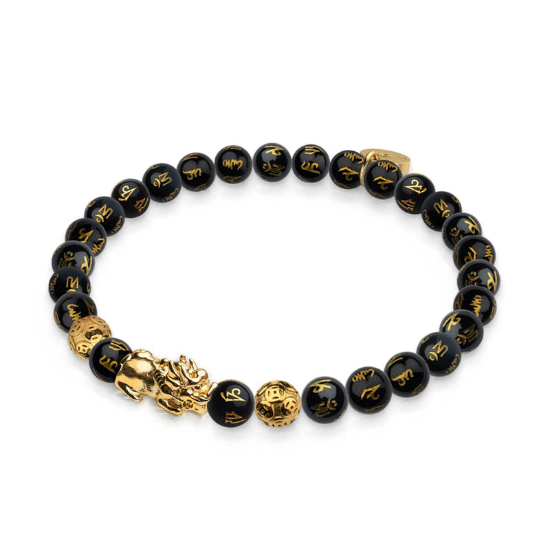 Bracelet Mini Pixiu Feng Shui | Élément CARBONE | Agate noire x or 18 carats