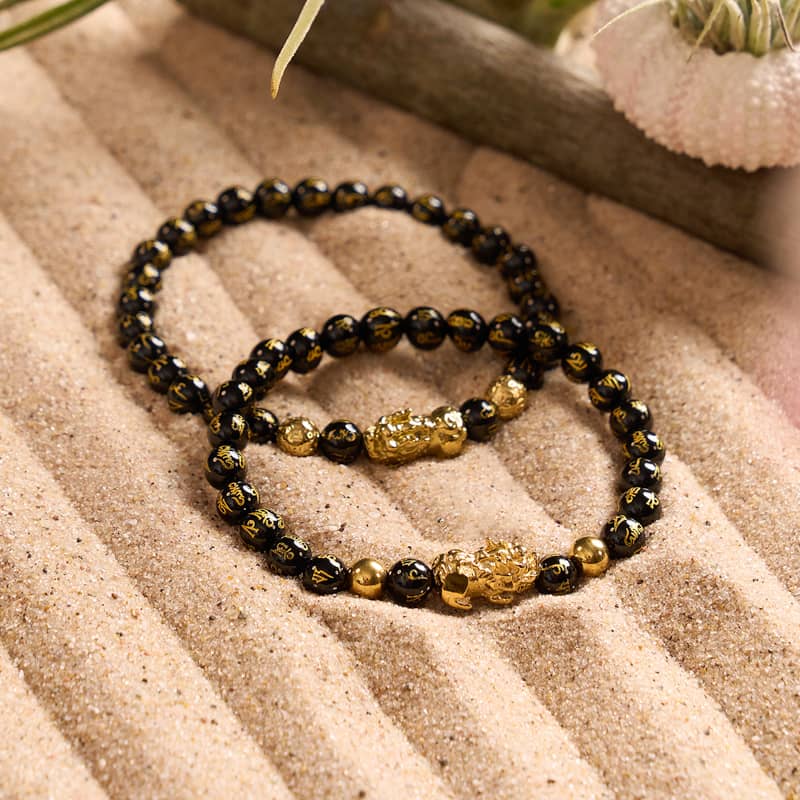 Bracelet Mini Pixiu Feng Shui | Élément CARBONE | Agate noire x or 18 carats